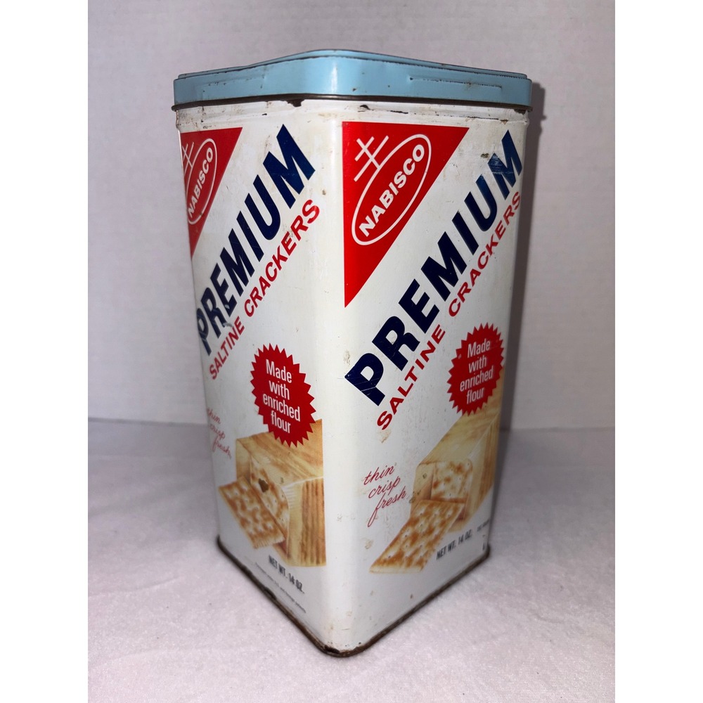 Nabisco Premium Saltine Crackers Tin 1969  Blue Lid Collectible 14oz USA Vintage